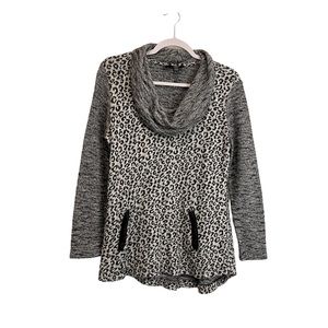 Style & Co Cheetah Animal Print Gray Cowl Neck Pullover Sweater Womens Size PM
